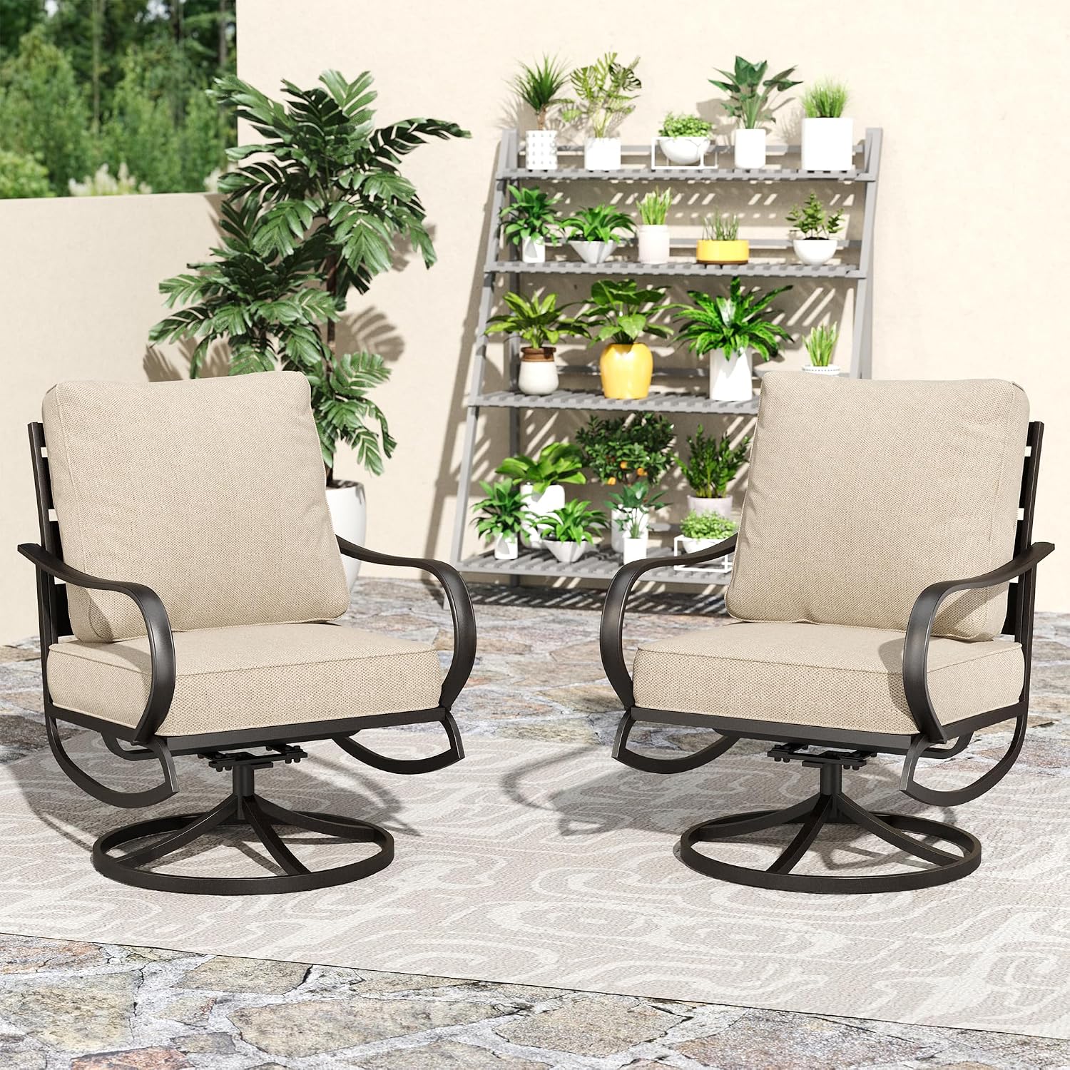 Deck Chair Lounger - スイベルパティオチェア2脚セット、厚いクッション付き、ハイバック、スチール製、屋外用、深い座面、全天候型デッキ・バルコニー家具、カスタマイズ可能