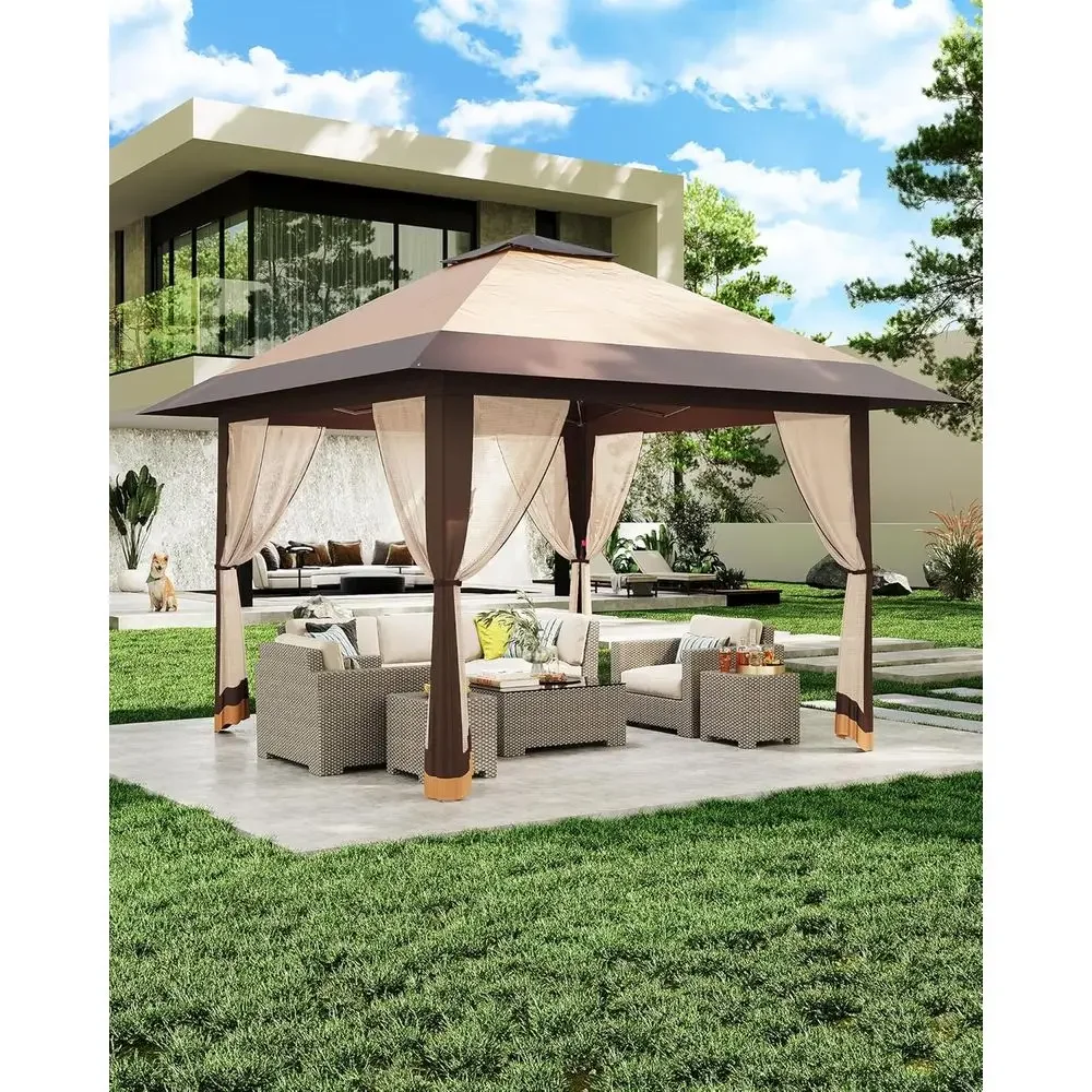 Outdoor Furniture Balcony - 13x13フィートの屋外用ガゼボ、メッシュカバー付き、高さ調節可能、キャリーバッグ付き - カーキ色で、裏庭やバルコニーの家具に最適
