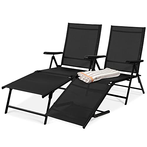 Deck Chair Lounger - 屋外パティオ用長椅子2脚セット、調節可能なリクライニング折りたたみ式プールラウンジャー、プールサイド、デッキ、裏庭用