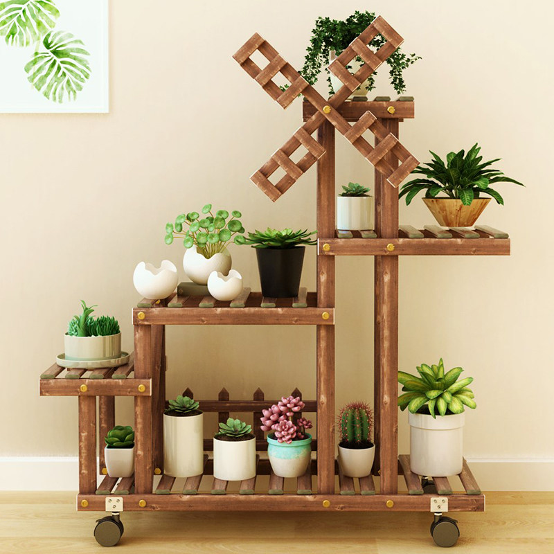 Outdoor Furniture Balcony - バルコニー多層植物スタンド無垢材可動式床から天井までの植木鉢ディスプレイラックmeble ogrodowe屋外用家具
