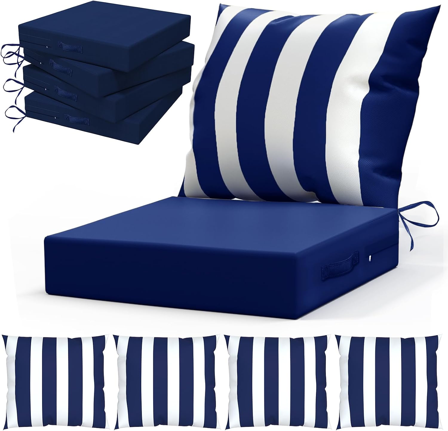 Outdoor Furniture Cushions 24 X 24 - パティオ家具用アウトドアチェアクッション：24インチ x 24インチの背もたれ付き深型シートクッション（ソファや椅子用）- 防水・色褪せ防止パティオクッション（4個セット、ネイビーブルーとホワイト） | ソファや椅子用の背もたれ付きディープシートクッション、防水・色褪せ防止