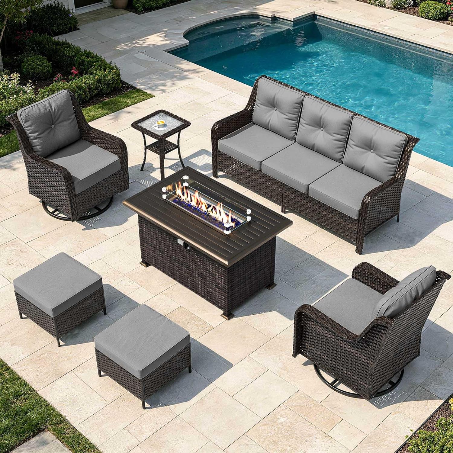 Outdoor Furniture Ideas - 7点セットのパティオ家具セット、屋外用厚手の籐製セクショナルソファ（回転椅子2脚付き）、ハイバックセクショナルカウチ、カスタム可能