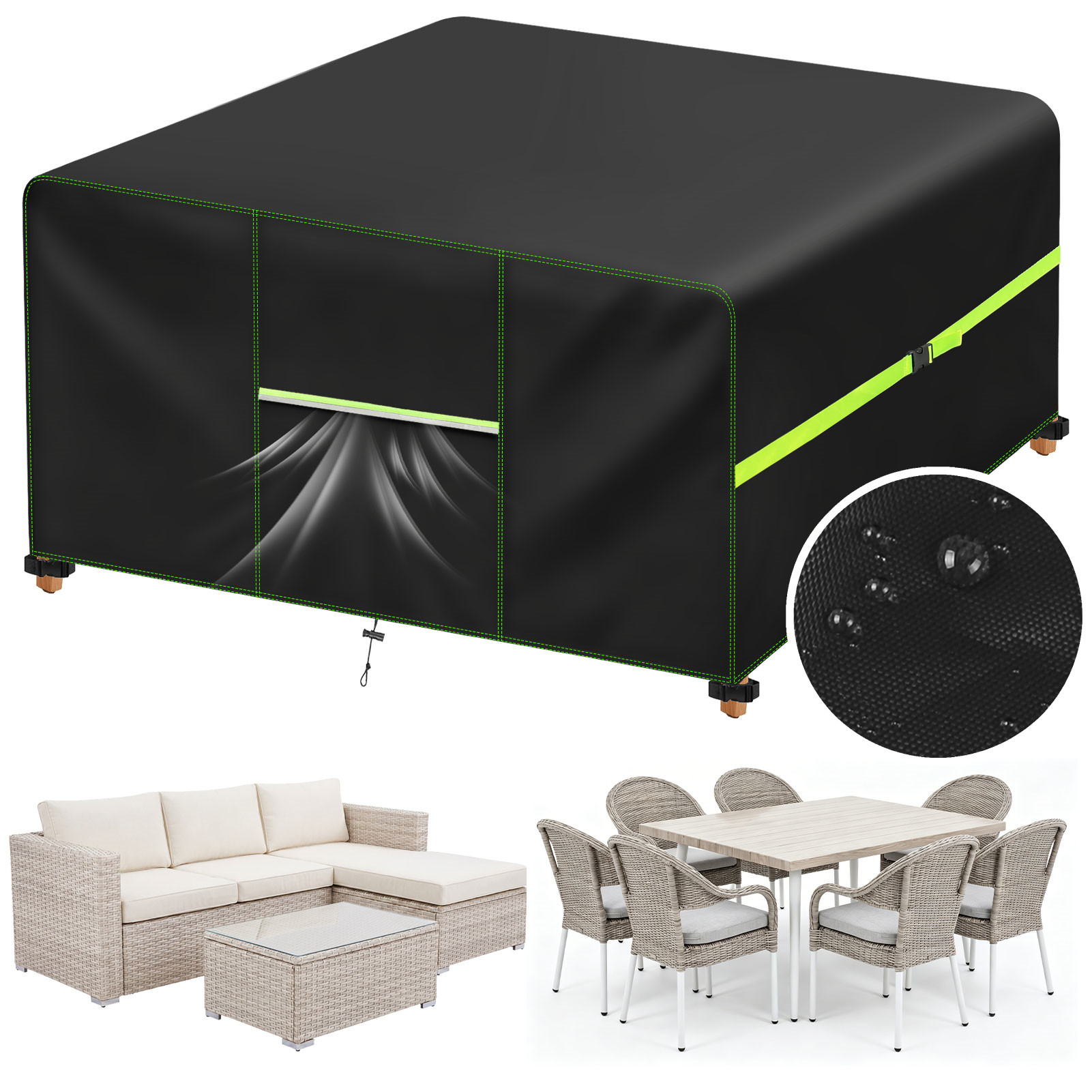 Outdoor Furniture Ideas - ガーデン家具カバー エアベント付き 防水パティオ籐ソファテーブルチェアセットカバー 210D オックスフォード防風 125/180/200/242cm