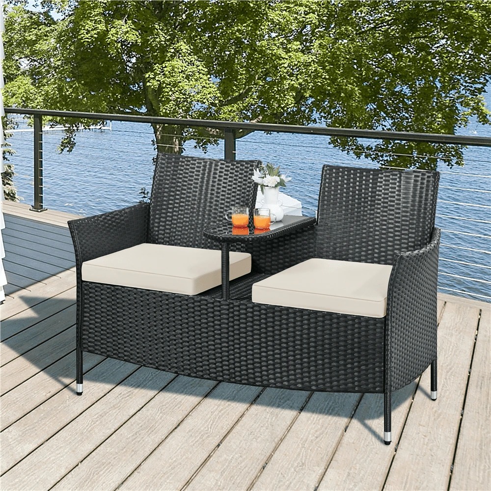 Outdoor Furniture Balcony - プレミアムアウトドアダブルチェア 2人掛け PEラタン製パティオ会話用家具セット 耐荷重385ポンド 強化ガラス製テーブル クッション付き