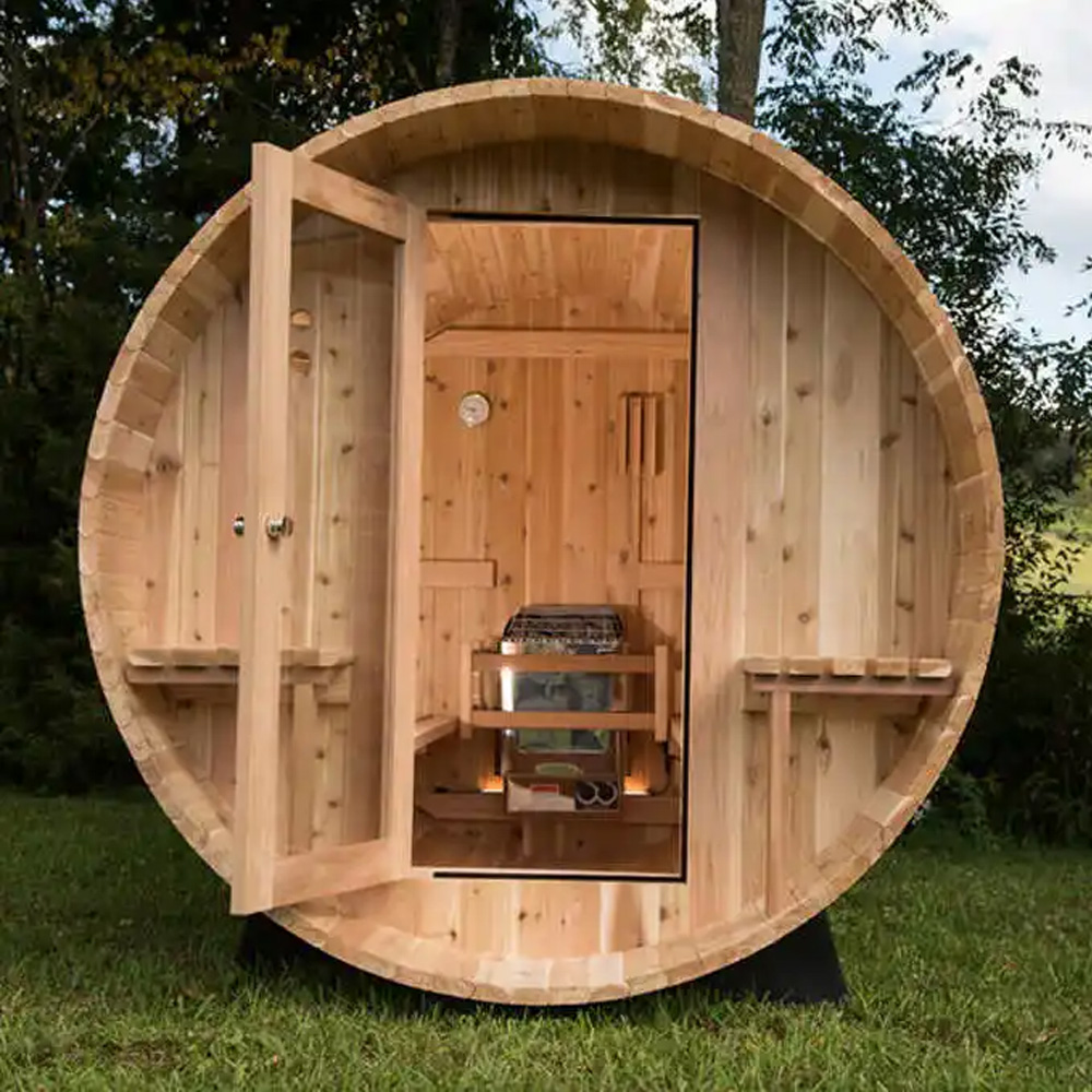 Outdoor Furniture Europe - 屋外サウナ卸売 屋外4～6人用 カナダ産ヘムロックサウナ ドライ＆ウェットスチームバレルサウナ