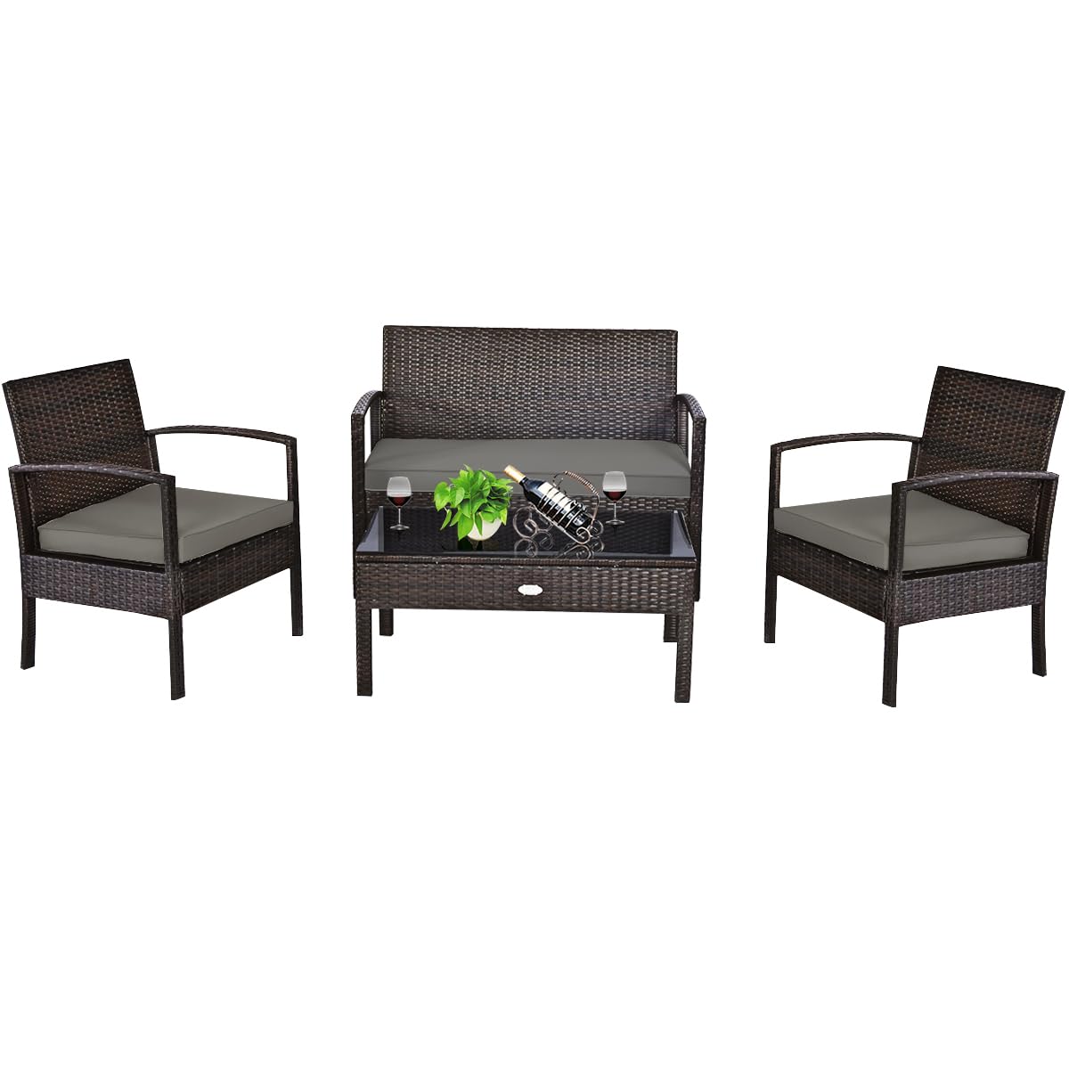 Outdoor Furniture Balcony - 屋外用籐製家具セット4点（ガラステーブルとクッション付き）、裏庭・バルコニー・ポーチ用ラタンソファチェア、カスタマイズ可能