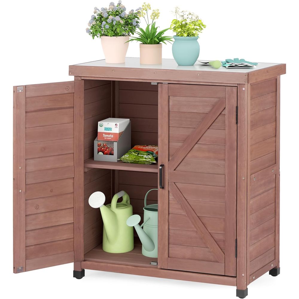 Outdoor Furniture Wood - 屋外用収納キャビネット＆金属製天板付き植木鉢置き台、木製パティオ家具、ガーデンワークステーション（ロイヤルブラウン、36x31x17インチ）