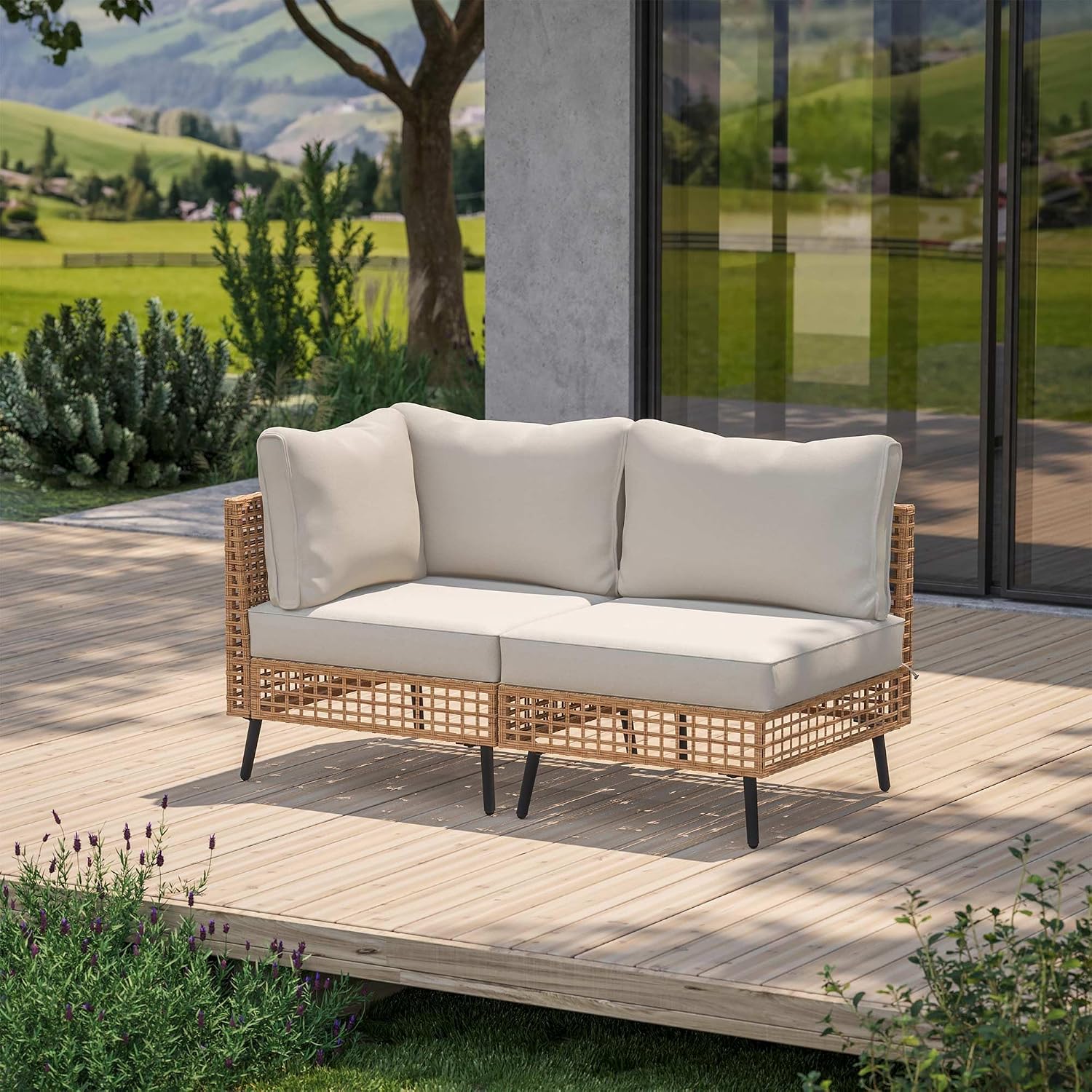 Outdoor Furniture Balcony - 屋外用PE製ウィッカーパティオ家具セット 2ピース 全天候型ラタン製セクショナルソファ 厚いクッション付き ガーデンヤードバルコニー用、カスタマイズ可能