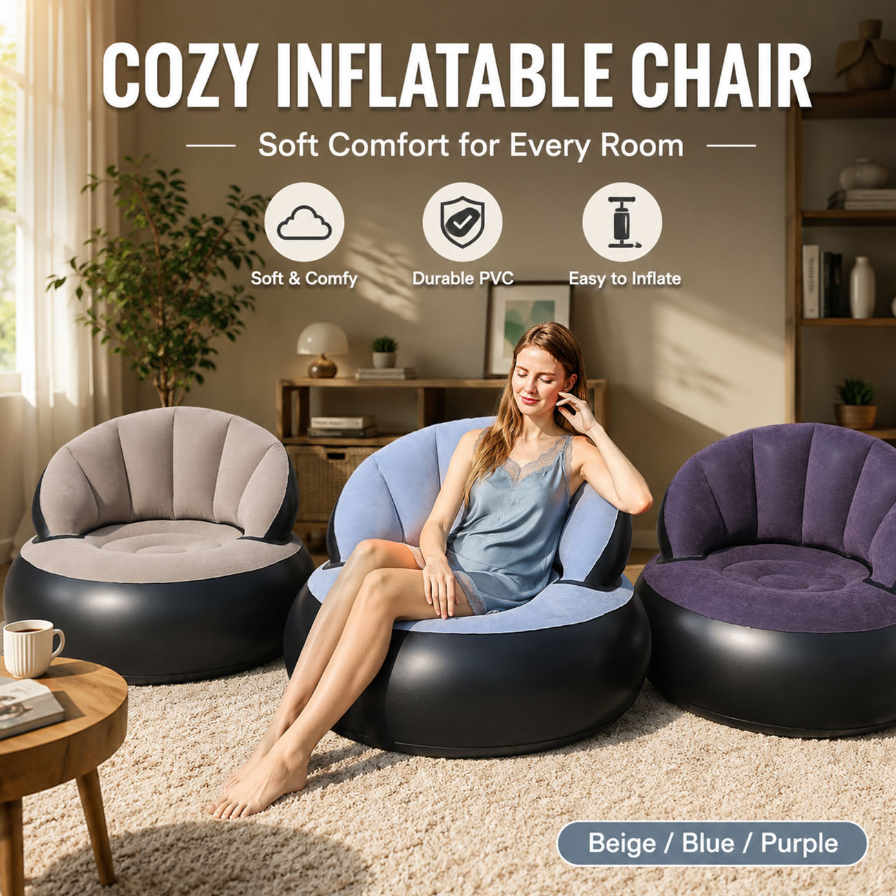 Outdoor Furniture Lounge - 大人用インフレータブルチェア、快適なフロッキング加工ラウンジチェア、家族の集まりやパーティーに最適な人間工学に基づいたポータブルブローアップカウチ