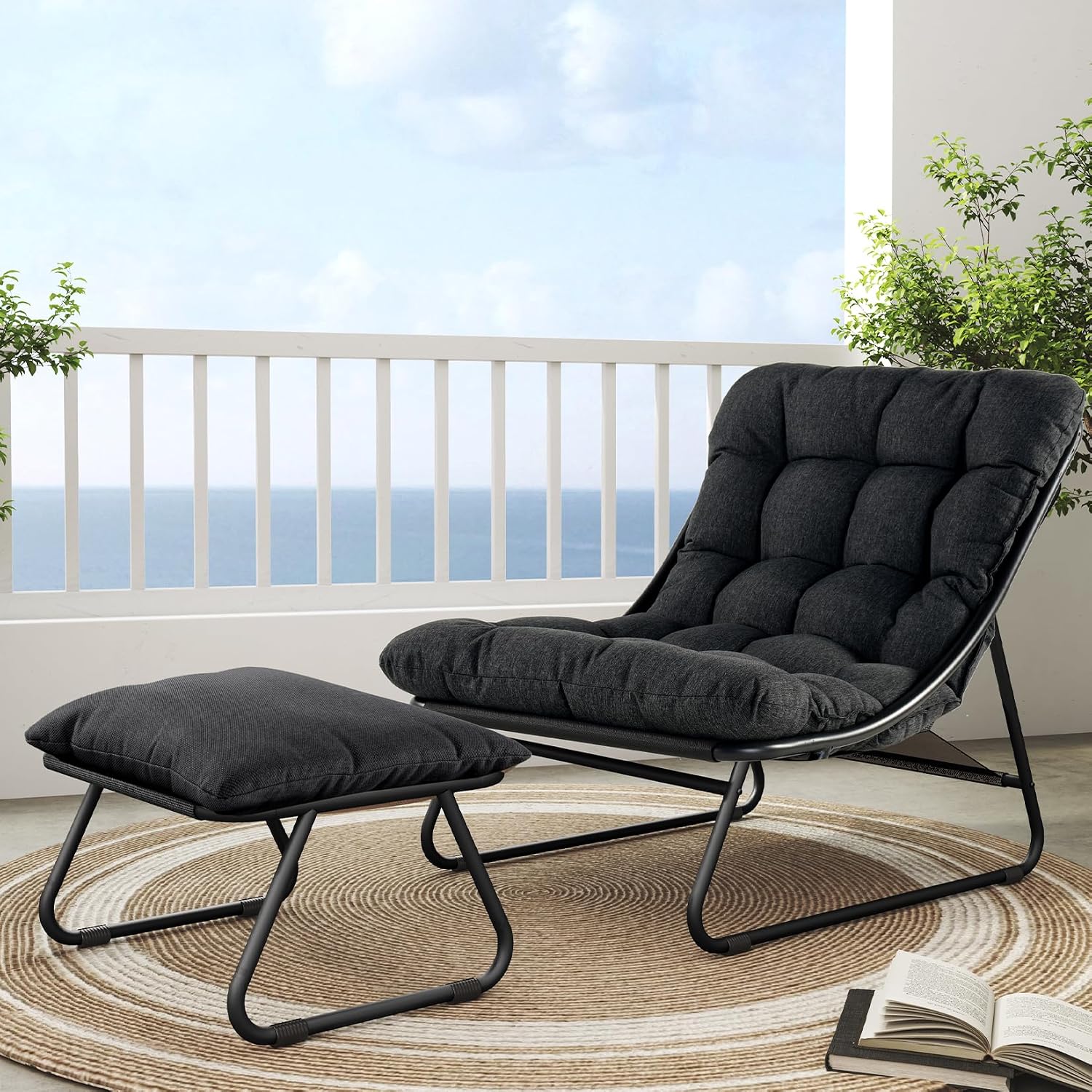 フットレストとクッション付き屋外ラウンジチェア、ダークグレー - Outdoor Furniture Lounge のレビューと価格