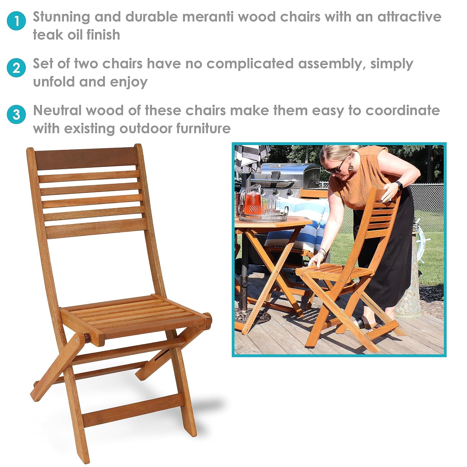 屋外用折りたたみ木製パティオチェアセット2脚、組み立て不要、 - Outdoor Furniture Oil Teak のレビューと価格