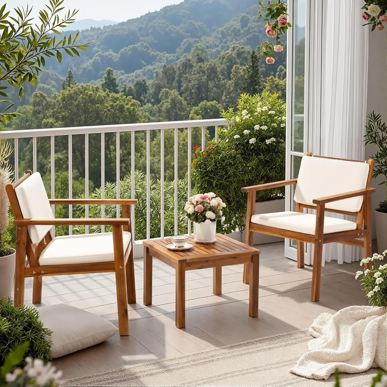 パティオチェア 3ピース アカシア材パティオ家具 コーヒーテ - Outdoor Furniture Balcony のレビューと価格