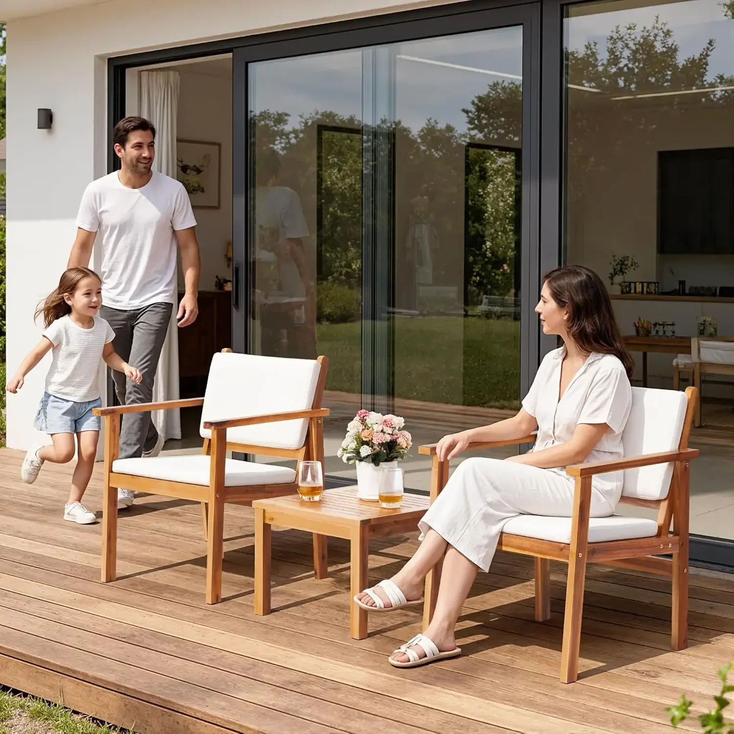 パティオチェア 3ピース アカシア材パティオ家具 コーヒーテ - Outdoor Furniture Balcony のレビューと価格