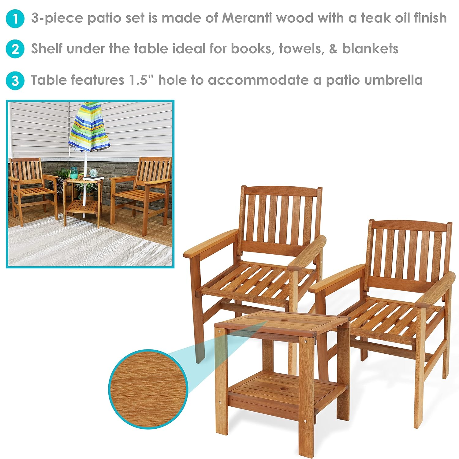 3ピース木製パティオセット（椅子2脚とテーブル）、チークオイ - Outdoor Furniture Oil Teak のレビューと価格