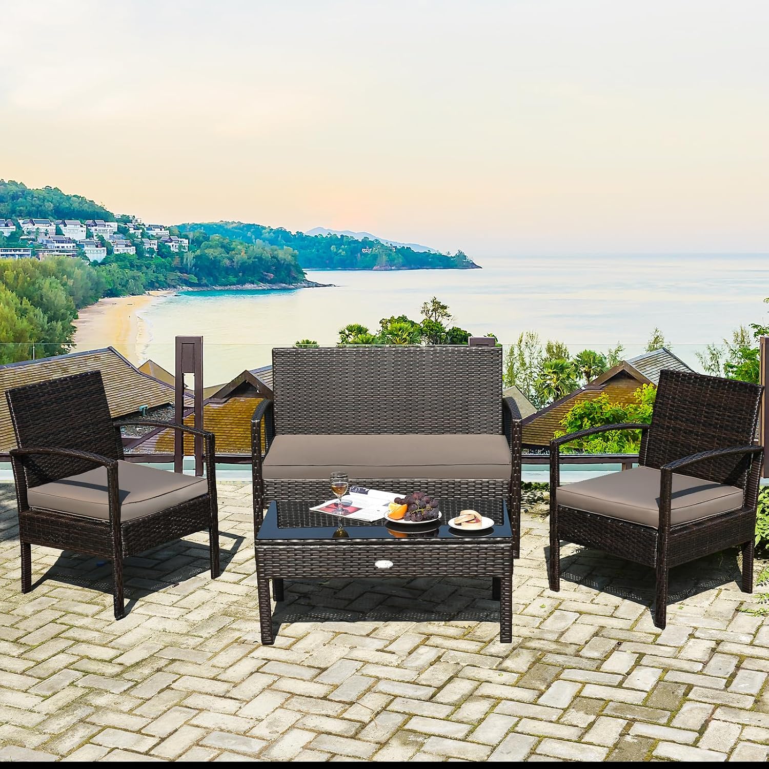 屋外用籐製家具セット4点（ガラステーブルとクッション付き）、 - Outdoor Furniture Balcony のレビューと価格