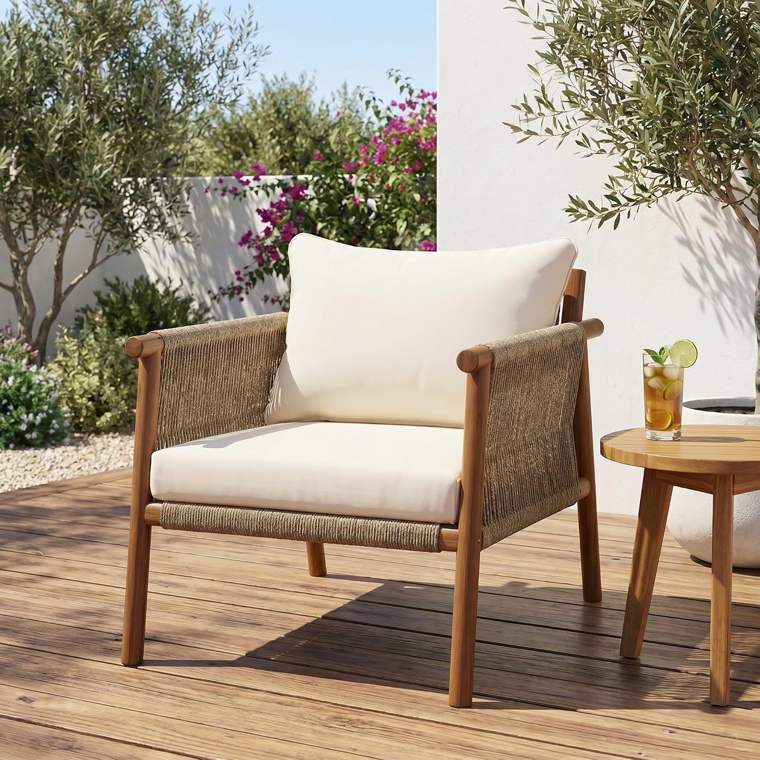 屋外用無垢材アームチェア、ロープ編み背もたれ、耐候性クッショ - Deck Chair Lounger のレビューと価格